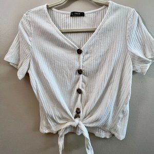 SHEIN Crop Button Front Tie Hem Rib-knit Top